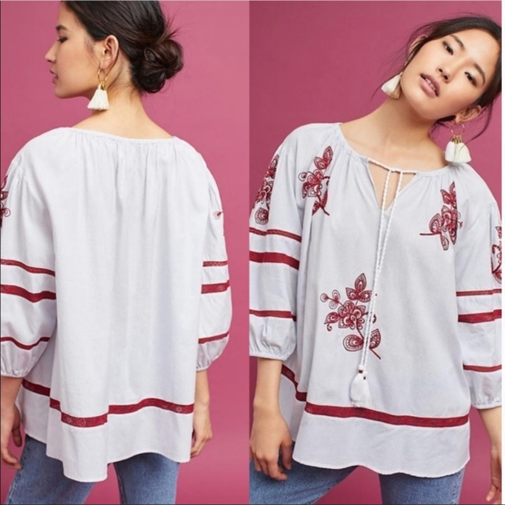 Velvet Anthropologie‎ Pinstripe Embroidered Floral Cotton 3/4 Sleeve Peasant Top